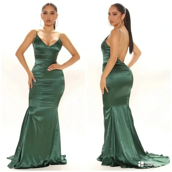 Fashion Nova Green Satin Maxi Gown XL - Picture 1 of 5